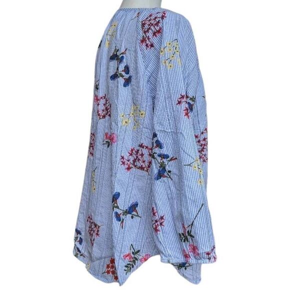 Tribal Jeans Floral Print Blue White Striped Round Split Neck Blouse Top Size L - Picture 11 of 11